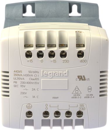 Legrand 导轨式变压器, 初级:215V ac, 230V ac, 245V ac, 385V ac, 400V ac, 415V ac, 次级:115V 交流, 250VA, DIN 导轨