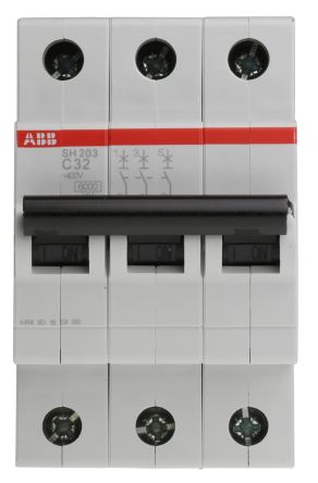 ABB Interruptor Automático 3P, 32A, Curva Tipo C, Poder De Corte 6 KA SH203-C32, Compact Home, Montaje En Carril DIN