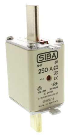 SIBA NH-Sicherung NH1, 500V Ac / 250A, GG - GL DIN 43620, VDE 0636