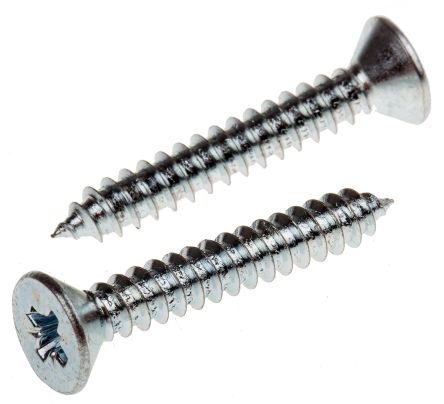 RS PRO Bright Zinc Plated, Clear Passivated Steel Countersunk Head Self Tapping Screw, N°10 X 1.1/4in Long 32mm Long