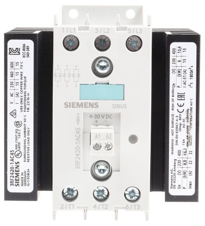 Siemens Relé De Estado Sólido De 3 Polos, Contactos 3P-NA, Control 4 → 30 V Dc, Carga 48 → 600V, 20 A