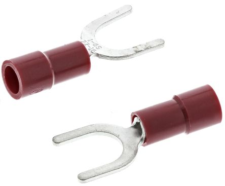 RS PRO Rot Isoliert Gabelkabelschuh B. 9.5mm Vinyl, Min. 0.5mm², Max. 1.5mm² 22AWG 16AWG