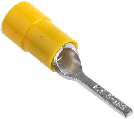 RS PRO Kabelschuh Flachstift Stecker, Isoliert, Gelb, L. 18mm, D. 1mm, Nicht Ummantelt