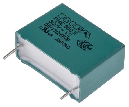 KEMET PHE850 Y2 Folienkondensator 100nF ±20% / 1.25 KV Dc, 300 V Ac, THT Raster 22.5mm
