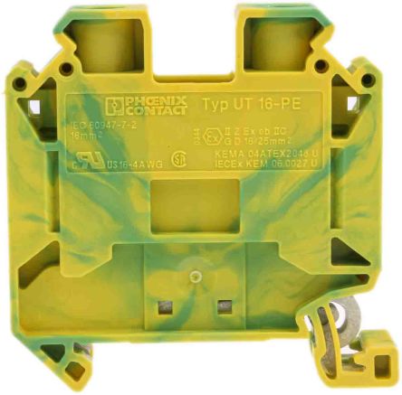 Phoenix Contact UT 16-PE Schutzleiterklemme Einfach Grün/Gelb, 1.5 → 25mm² / 76A, Schraubanschluss