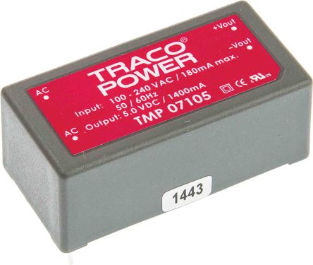 TRACOPOWER 7W开关电源, 5V 直流输出电压 1.4A输出电流, 1输出点