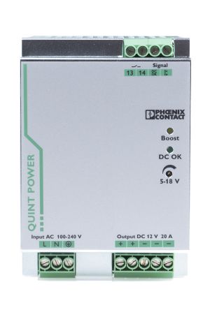 Phoenix Contact QUINT-PS/1AC/12DC/20 Switch Mode DIN Rail Power Supply, 85 → 264V Ac Ac Input, 12V Dc Dc Output,