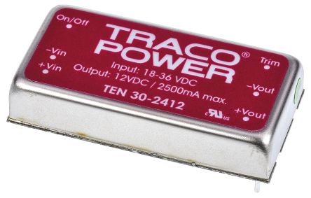 TRACOPOWER TEN 30 DC-DC Converter, 12V Dc/ 2.5A Output, 18 → 36 V Dc Input, 30W, Through Hole, +85°C Max Temp