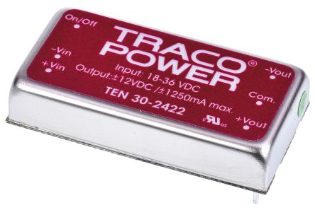 TRACOPOWER TEN 30 DC/DC-Wandler 30W 24 V Dc IN, ±12V Dc OUT / ±1.25A 1.5kV Dc Isoliert