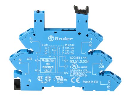 Finder 93 Relay Socket For Use With 34.51 5 Pin, DIN Rail, 12V Ac/dc