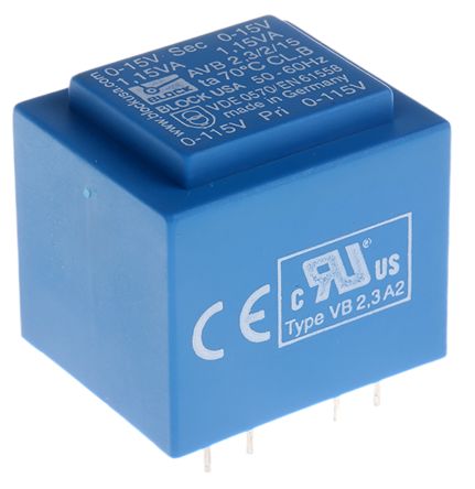 Block Trasformatore Per PCB, 2.3VA, Primario 115 V Ac, 230 V Ac, Secondario 15V Ca, 2 Uscite