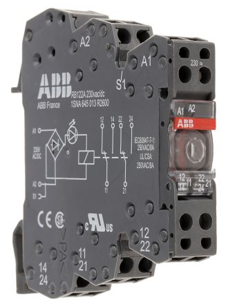 ABB 接口继电器, R600系列, 线圈电压 230V 交流/直流, 触点配置 双刀双掷, DIN 导轨