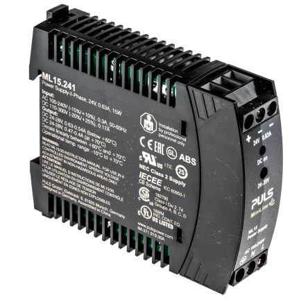 PULS MiniLine MLY Switch-Mode DIN-Schienen Netzteil 15W, 100 → 240V Ac, 24V Dc / 630mA