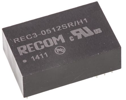 Recom REC3 DC-DC Converter, 12V Dc/ 250mA Output, 4.25 → 5.75 V Dc Input, 3W, Through Hole, +80°C Max Temp -40°C