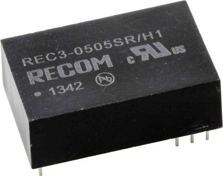 Recom REC3 DC-DC Converter, 5V Dc/ 600mA Output, 4.25 → 5.75 V Dc Input, 3W, Through Hole, +80°C Max Temp -40°C