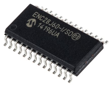 Microchip Controlador Ethernet, ENC28J60-I/SO, Serie SPI, SPI, 10Mbps, SOIC, 28-Pines, 3.3 V