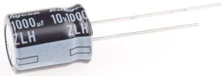 Rubycon Condensador Electrolítico Serie ZLH, 1000μF, ±20%, 10V Dc, Radial, Orificio Pasante, 10 (Dia.) X 12.5mm, Paso