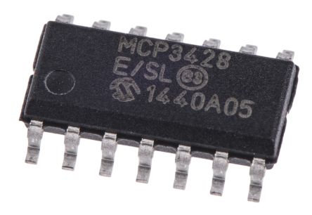 Microchip 16-Bit ADC MCP3428-E/SL Quad, 0.015ksps SOIC, 14-Pin
