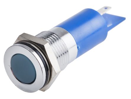 RS PRO Indicador LED, Azul, Lente Enrasada, Marco Cromo, Ø Montaje 14mm, 6 → 36V Dc, 20mA, 10mcd, IP67
