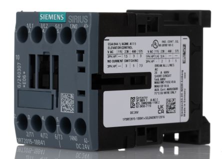 Siemens 3RT2 Series Contactor, 24 V Dc Coil, 3-Pole, 7 A, 3 KW, 3NO, 400 V Ac