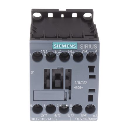 Siemens SIRIUS 3RT2 Leistungsschütz / 110 V Ac Spule, 3 -polig 3 Schließer, 400 V Ac / 9 A