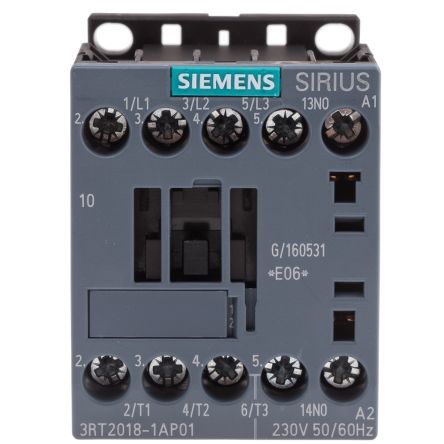 Siemens Contactor SIRIUS 3RT2 De 3 Polos, 3 NA, 16 A, Bobina 230 Vac, 7,5 KW