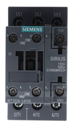 Siemens SIRIUS 3RT2 Leistungsschütz / 110 V Ac Spule, 3 -polig 3 Schließer, 400 V Ac / 25 A