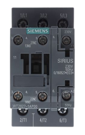 Siemens SIRIUS 3RT2 Leistungsschütz / 230 V Ac Spule, 3 -polig 3 Schließer, 400 V Ac / 32 A, 3-phasige Motorüberwachung
