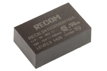 Recom REC6 DC-DC Converter, 15V Dc/ 400mA Output, 18 → 36 V Dc Input, 6W, Through Hole, +75°C Max Temp -40°C Min