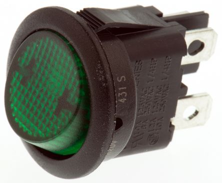 ZF Interruptor De Balancín, RRA32H3BBGEN, Contacto DPST, On-Ninguno-Off, 10 A, Iluminado, Verde