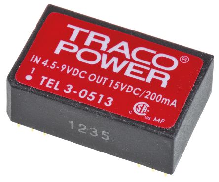 TRACOPOWER TEL 3 DC/DC-Wandler 3W 5 V Dc IN, 15V Dc OUT / 200mA 1.5kV Dc Isoliert