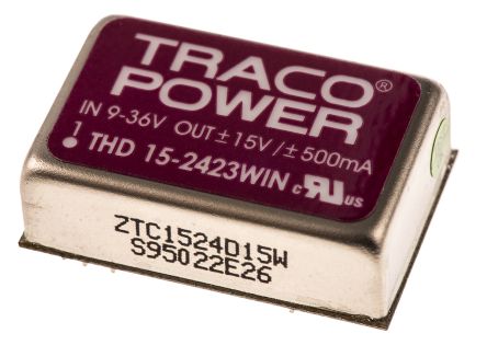 TRACOPOWER THD 15WIN DC-DC Converter, ±15V Dc/ ±500mA Output, 9 → 36 V Dc Input, 15W, Through Hole, +85°C Max
