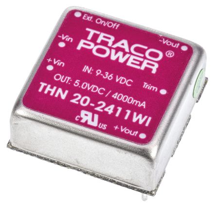 TRACOPOWER THN 20WI DC-DC Converter, 5V Dc/ 4A Output, 9 → 36 V Dc Input, 20W, Through Hole, +85°C Max Temp