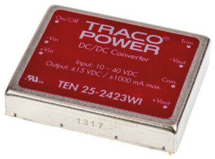 TRACOPOWER TEN 25WI DC/DC-Wandler 25W 24 V Dc IN, ±15V Dc OUT / ±1A 1.5kV Dc Isoliert