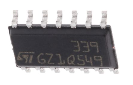 STMicroelectronics Comparador LM339D CMOS, DL, ECL, MOS, TTL 1.3μs 4-Canales, 2 → 36 V 14-Pines SOIC