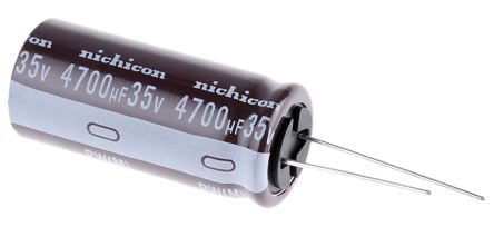 Nichicon Condensador Electrolítico Serie PW, 4700μF, ±20%, 35V Dc, Radial, Orificio Pasante, 18 (Dia.) X 40mm, Paso
