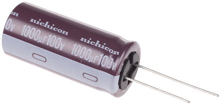 Nichicon Condensador Electrolítico Serie PW, 1000μF, ±20%, 100V Dc, Radial, Orificio Pasante, 18 (Dia.) X 40mm, Paso
