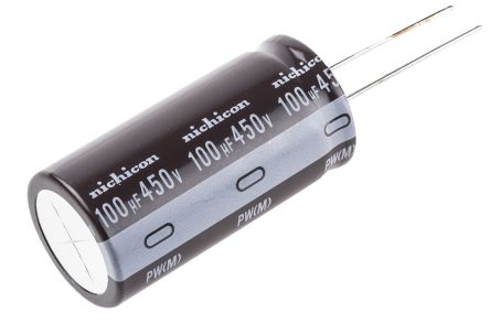 Nichicon PW, THT Aluminium-Elektrolyt Kondensator 100μF ±20% / 450V Dc, Ø 25mm X 50mm, Bis 105°C