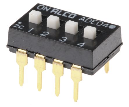 TE Connectivity THT DIP-Schalter Gleiter 4-stellig 1-poliger Ein-/Ausschalter, Kontakte Vergoldet 100 MA @ 24 V Dc, Bis