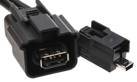 Molex Cable USB 2.0, Con A. USB A (montable) Hembra, Con B. Mini USB B (montaje) Macho, Long. 500mm, Color Negro