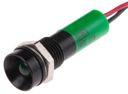 RS PRO Green Panel Mount Indicator, 24V Dc, 8mm Mounting Hole Size, Lead Wires Termination, IP67