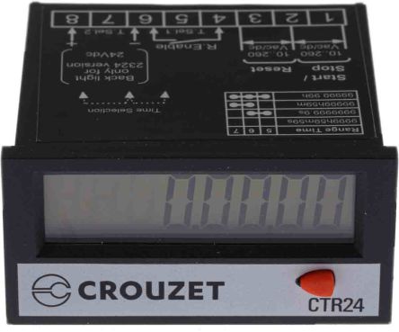 Crouzet CTR24 Zähler LCD 8-stellig, Stunden, 260 V, 0 → 99999,99 H, 0 → 9999999,9 S