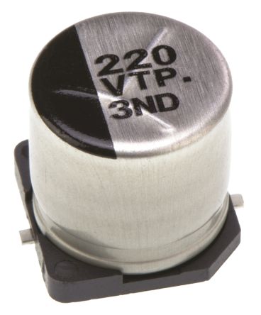 Panasonic TP-V, SMD Aluminium-Elektrolyt Kondensator 220μF ±20% / 35V Dc, Ø 10mm X 10.2mm, Bis 125°C