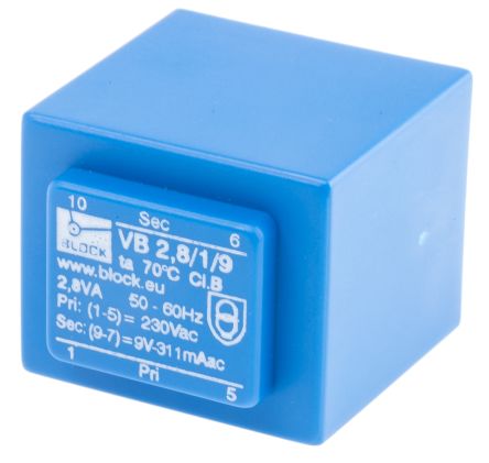 Block Transformateur Pour Circuit Imprimé, 9V C.a., 230V C.a., 2.8VA, 1 Sortie