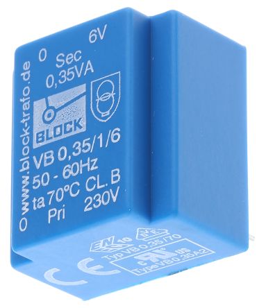 Block 6V Ac 1 Output Through Hole PCB Transformer, 0.35VA