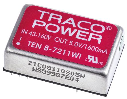 TRACOPOWER TEN 8WI DC-DC Converter, 5V Dc/ 1.6A Output, 43 → 160 V Dc Input, 8W, Through Hole, +85°C Max Temp