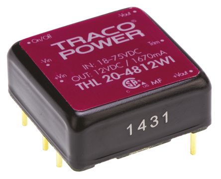 TRACOPOWER THL 20WI DC/DC-Wandler 20W 48 V Dc IN, 12V Dc OUT / 1.67A 1.5kV Dc Isoliert