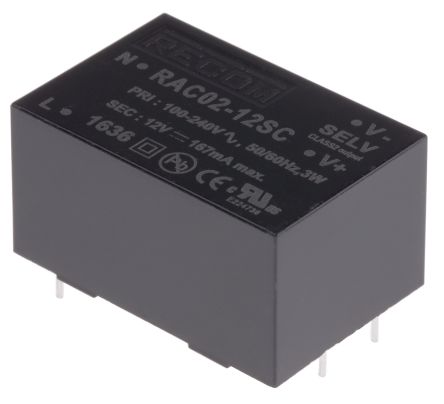 Recom Switching Power Supply, RAC02-12SC, 12V Dc, 167mA, 2W, 1 Output, 90 → 277V Ac Input Voltage