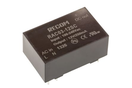 Recom RAC03-C Schaltnetzteil, AUS 12V Dc / 250mA 3W, EIN 90 → 264V Ac Gekapselt, PCB-Montage