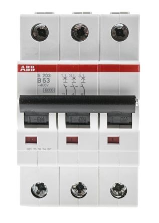 ABB MCB, S200系列, 3P极, 63A, B型跳闸特性
